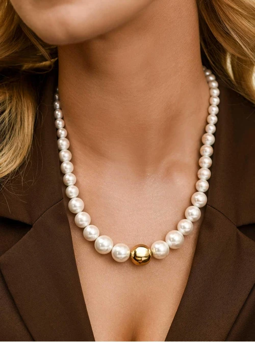 Naszyjnik perły, kulka, stal pozłacana S312558Z02