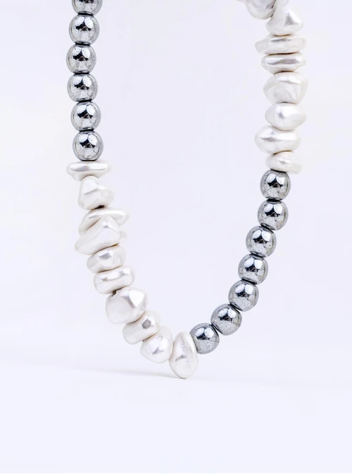 Naszyjnik perły, kulki, Hematyt, stal S312610S00