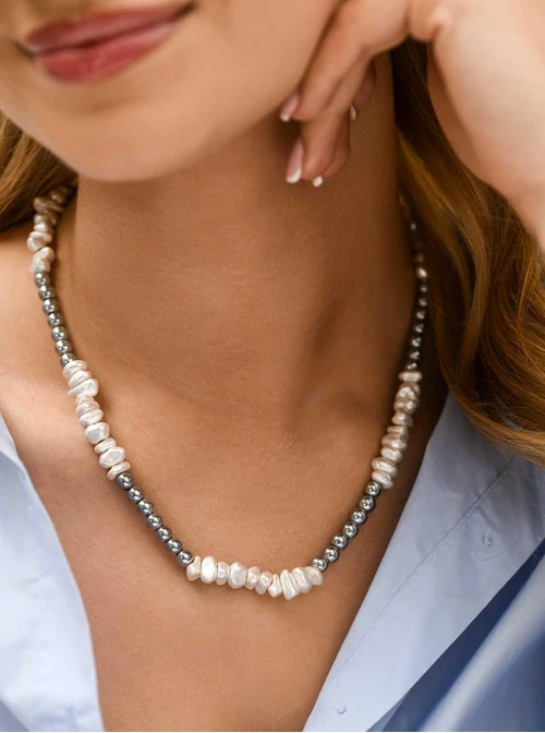 Naszyjnik perły, kulki, Hematyt, stal S312610S00