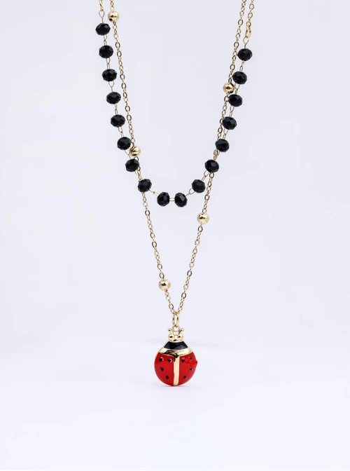 Naszyjnik podwójny, biedronka, czarne kryształki, stal pozłacana S312731Z00