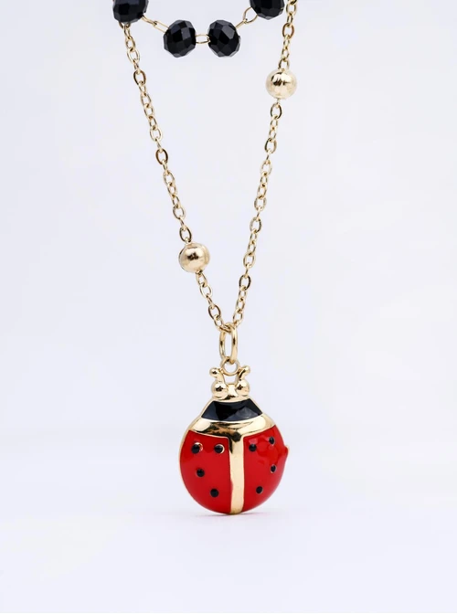 Naszyjnik podwójny, biedronka, czarne kryształki, stal pozłacana S312731Z00