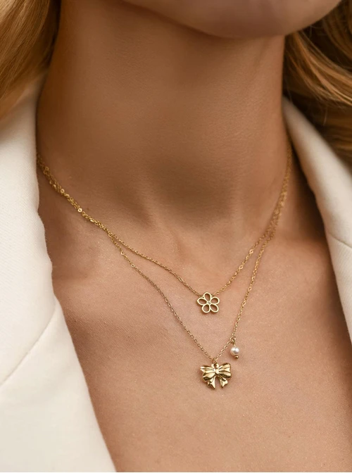 Naszyjnik podwójny, kwiatuszek, kokardka, stal pozłacana S312444Z00
