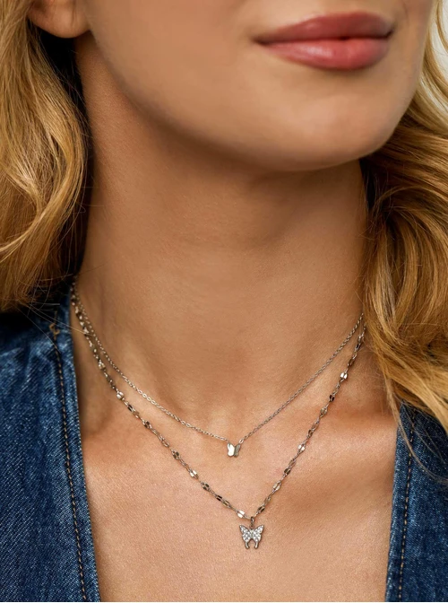 Naszyjnik podwójny, motylki, stal,  S312388S00
