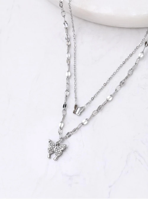 Naszyjnik podwójny, motylki, stal,  S312388S00