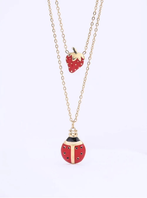 Naszyjnik podwójny truskawka, biedronka, stal pozłacana S312730Z00