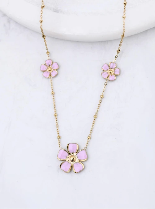 Naszyjnik różowe kwiatuszki, stal pozłacana S312455Z06