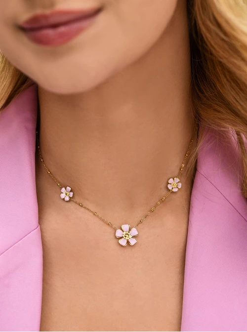 Naszyjnik różowe kwiatuszki, stal pozłacana S312455Z06