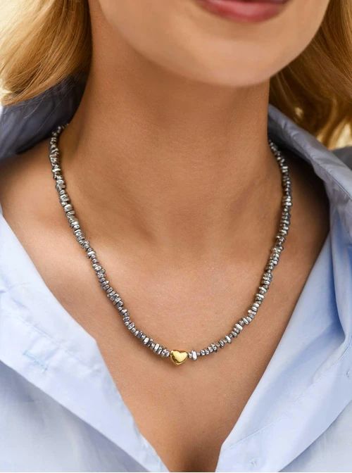 Naszyjnik serce, Hematyt, stal pozłacana S312603M00