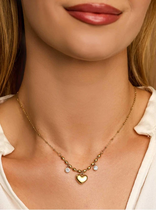 Naszyjnik serce, kryształki, stal pozłacana S312288Z00