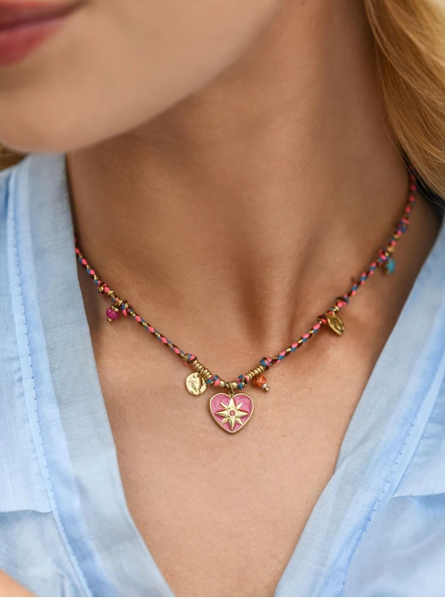 Naszyjnik serduszko, kolorowy sznurek, stal pozłacana S312774Z00