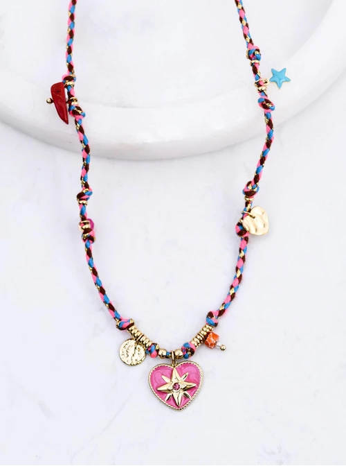Naszyjnik serduszko, kolorowy sznurek, stal pozłacana S312774Z00