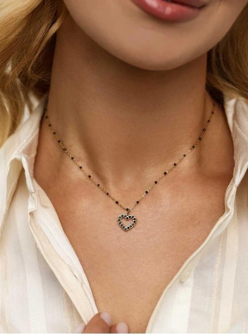 Naszyjnik serduszko, kryształki, stal pozłacana S312245Z00