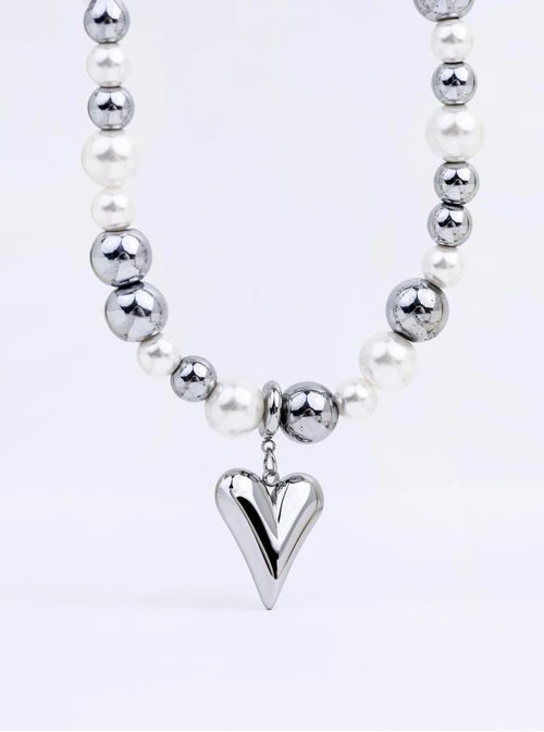 Naszyjnik serduszko, perełki, Hematyt, stal S312597S00