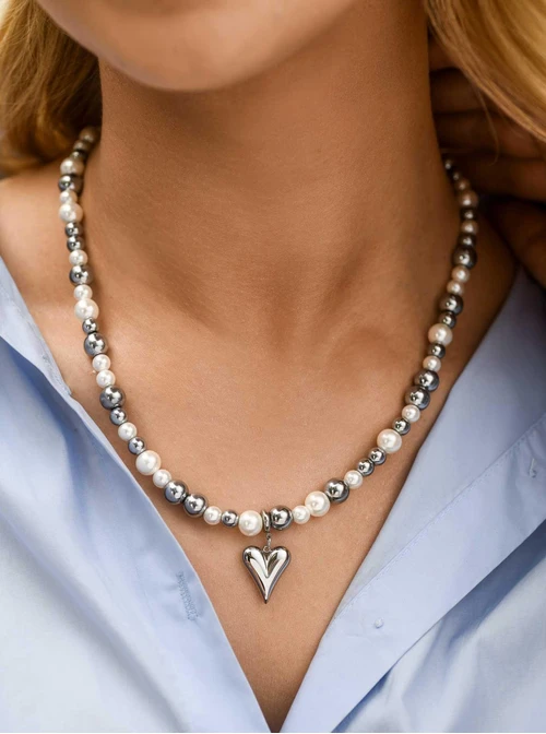 Naszyjnik serduszko, perełki, Hematyt, stal S312597S00