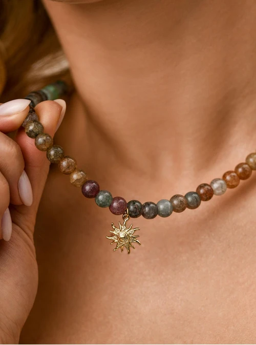 Naszyjnik słońce, Agat, stal pozłacana,  S312566Z00