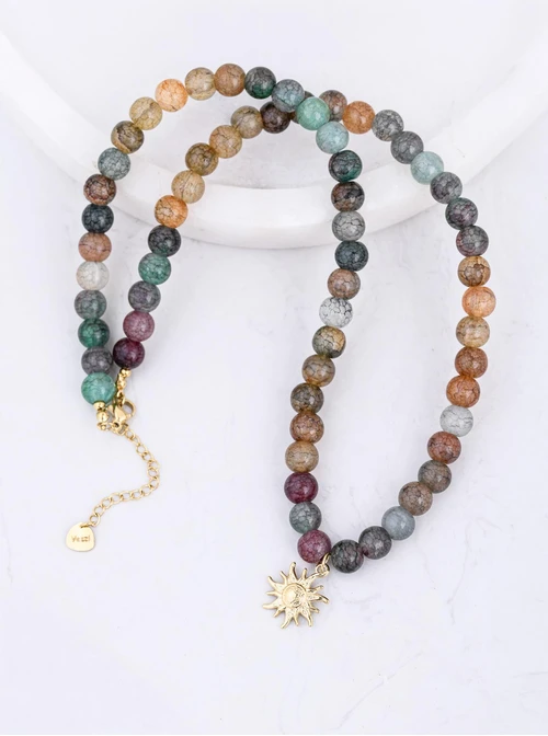 Naszyjnik słońce, Agat, stal pozłacana,  S312566Z00