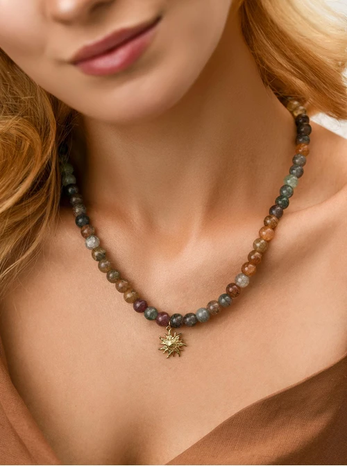 Naszyjnik słońce, Agat, stal pozłacana,  S312566Z00