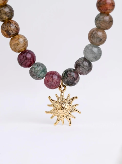 Naszyjnik słońce, Agat, stal pozłacana,  S312566Z00