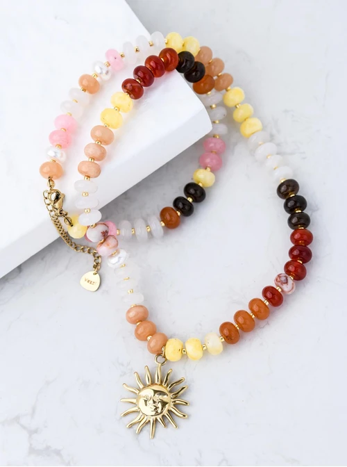 Naszyjnik słońce, kamienie naturalne, stal pozłacana S312565Z00