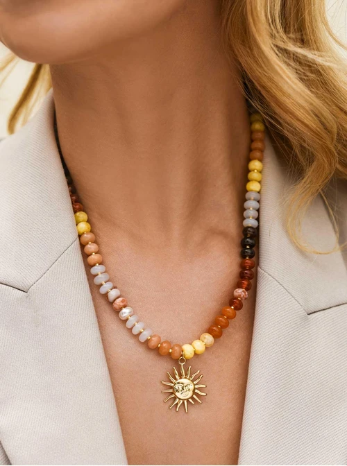 Naszyjnik słońce, kamienie naturalne, stal pozłacana S312565Z00