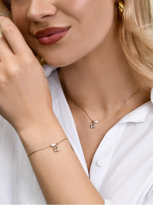 Naszyjnik wisienki, perełka, kryształki, stal pozłacana S312743Z00