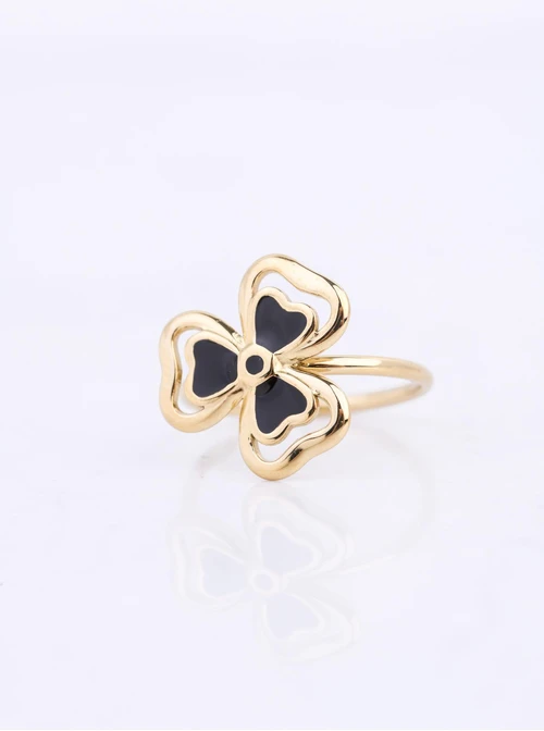 Pierścionek czarna koniczynka, stal pozłacana S412681Z00