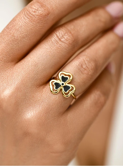 Pierścionek czarna koniczynka, stal pozłacana S412681Z00