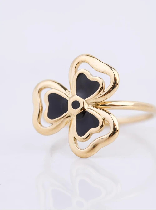 Pierścionek czarna koniczynka, stal pozłacana S412681Z00