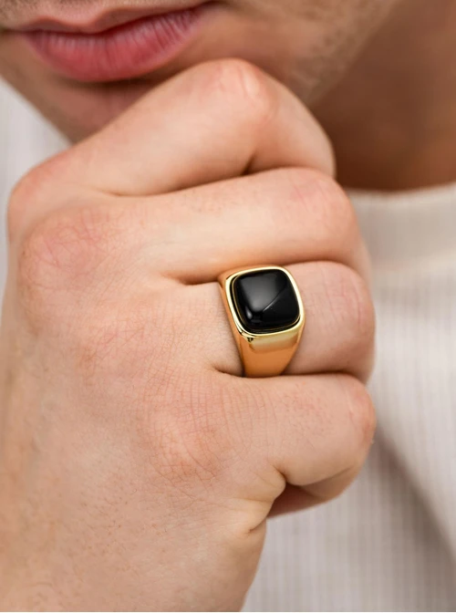 Pierścionek męski, Obsydian, stal pozłacana S411576Z00