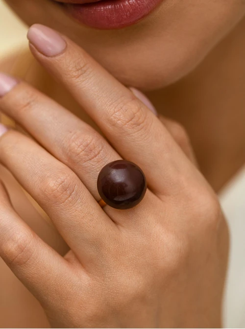 Pierścionek regulowany, dmuchana, brązowa kulka, stal pozłacana S412554Z13-0