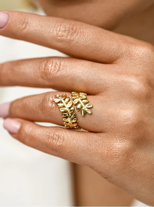 Pierścionek regulowany listki, stal pozłacana S412323Z00-0