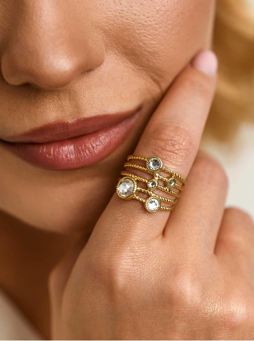 Pierścionek regulowany, kryształki, stal pozłacana S412515Z00-0