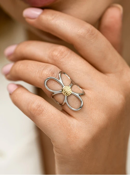 Pierścionek regulowany kwiat, stal pozłacana S412325M00-0