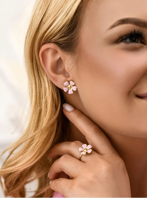 Pierścionek różowy kwiatuszek, stal pozłacana S412454Z06