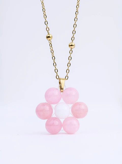 Naszyjnik kwiat, Kwarc Różowy, stal pozłacana S312472Z00