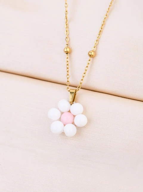 Naszyjnik kwiatuszek, Kwarc Biały, stal pozłacana S312435Z00