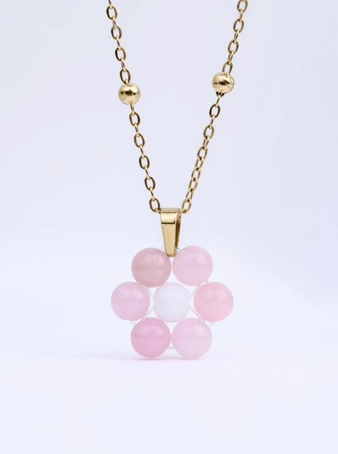 Naszyjnik kwiatuszek, Kwarc Różowy, stal pozłacana S312434Z00