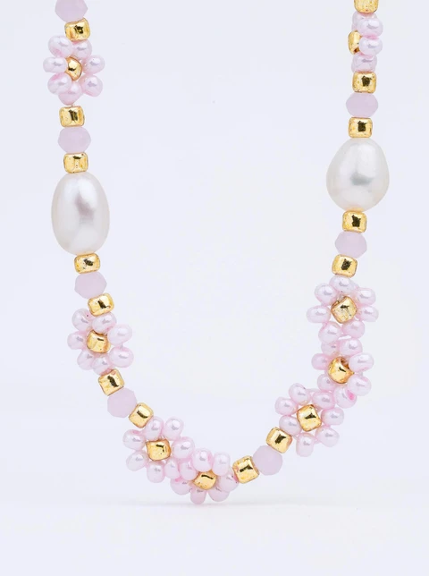 Naszyjnik różowe kwiatuszki, perełki, stal pozłacana S312490Z06