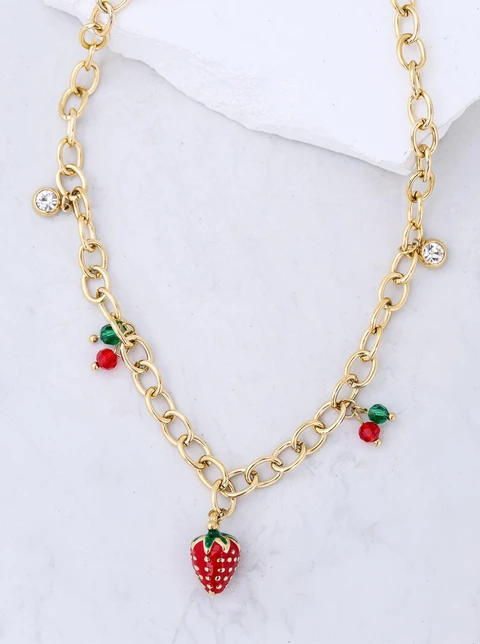 Naszyjnik truskawka, kryształki, stal pozłacana S312514Z03