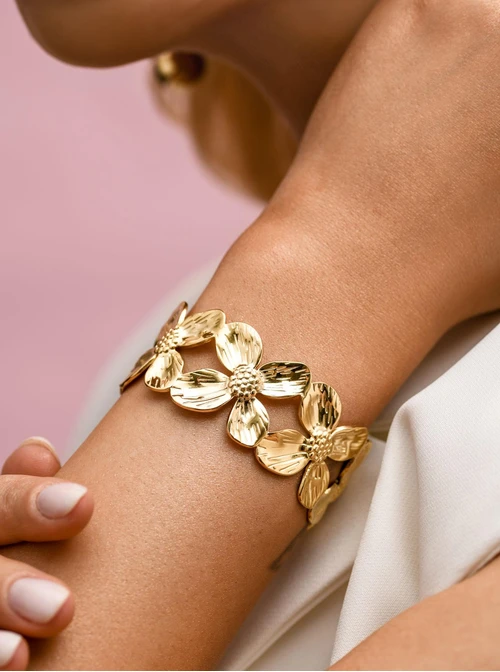 Bransoletka sztywna, kwiaty, stal pozłacana S112624Z00