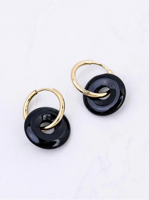 Kolczyki czarne kółeczka, stal pozłacana S212718Z00