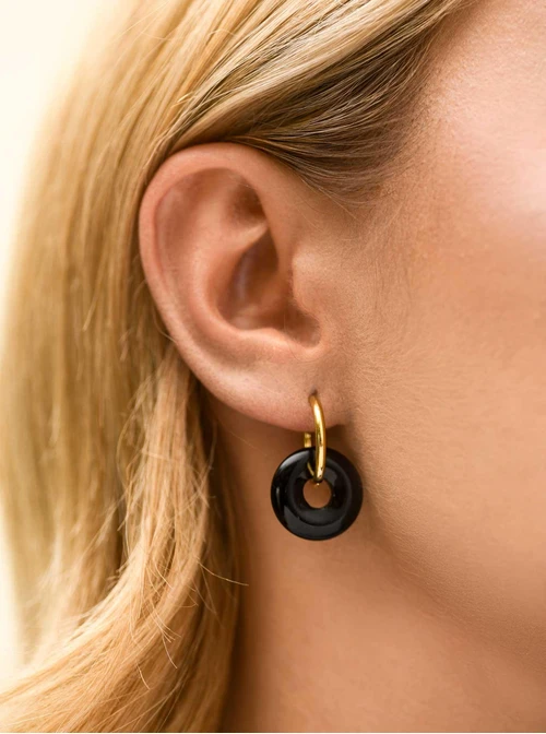 Kolczyki czarne kółeczka, stal pozłacana S212718Z00