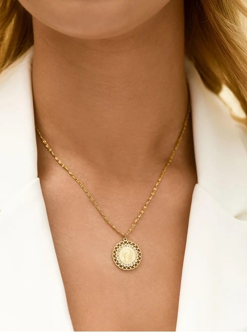 Naszyjnik Medalik, kryształki, stal pozłacana S312759Z00