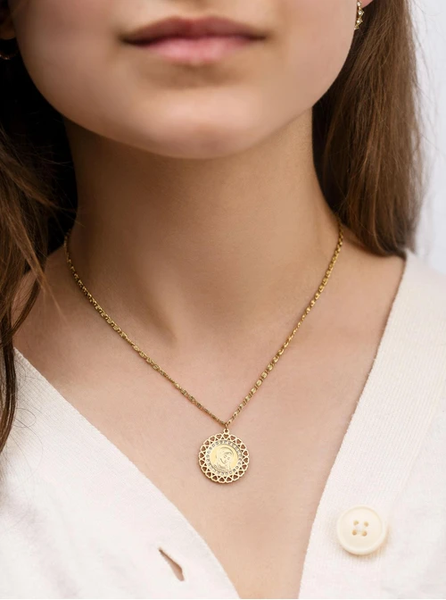 Naszyjnik Medalik, kryształki, stal pozłacana S312759Z00