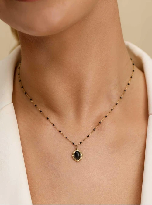 Naszyjnik Obsydian, stal pozłacana S312687Z01