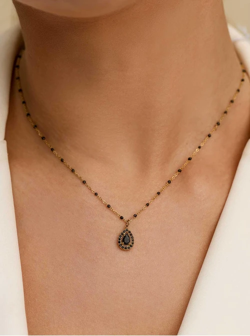 Naszyjnik czarne kryształki, stal pozłacana S312688Z01