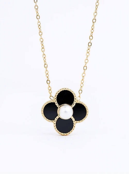 Naszyjnik czarny kwiatuszek, stal pozłacana S312686Z01