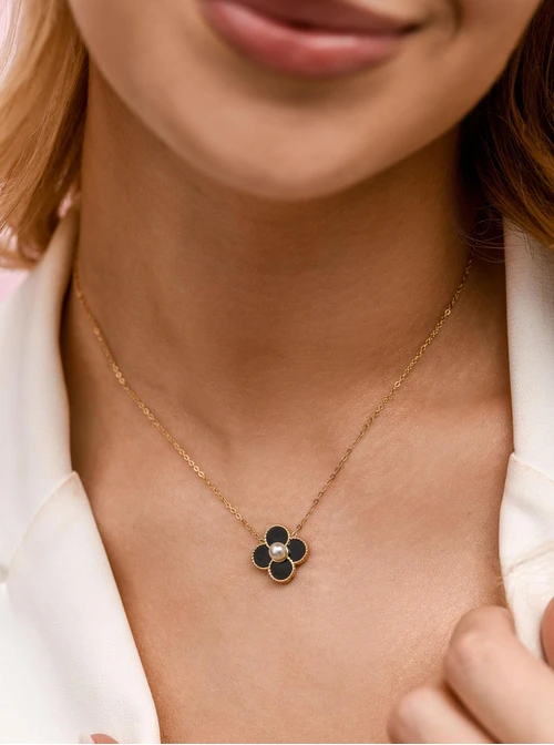 Naszyjnik czarny kwiatuszek, stal pozłacana S312686Z01