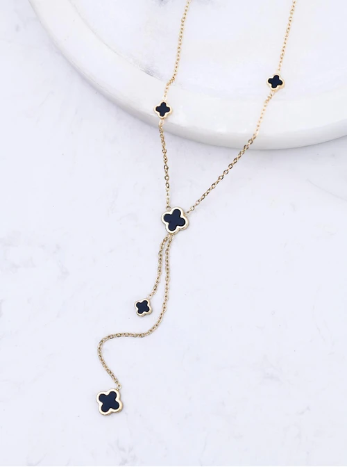 Naszyjnik krawatka czarne koniczynki, stal pozłacana S312682Z00