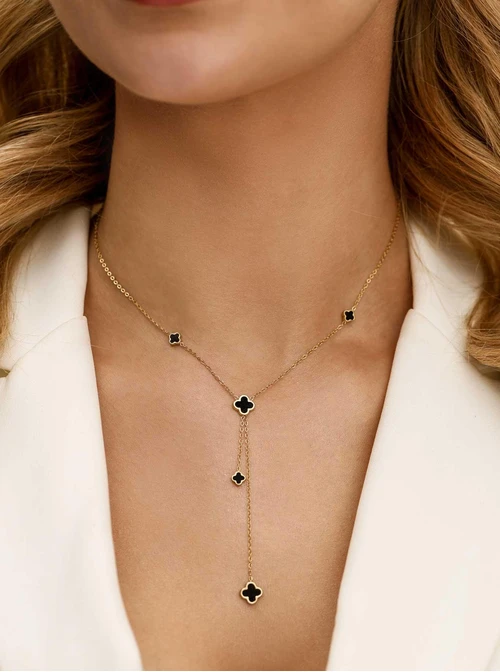 Naszyjnik krawatka czarne koniczynki, stal pozłacana S312682Z00